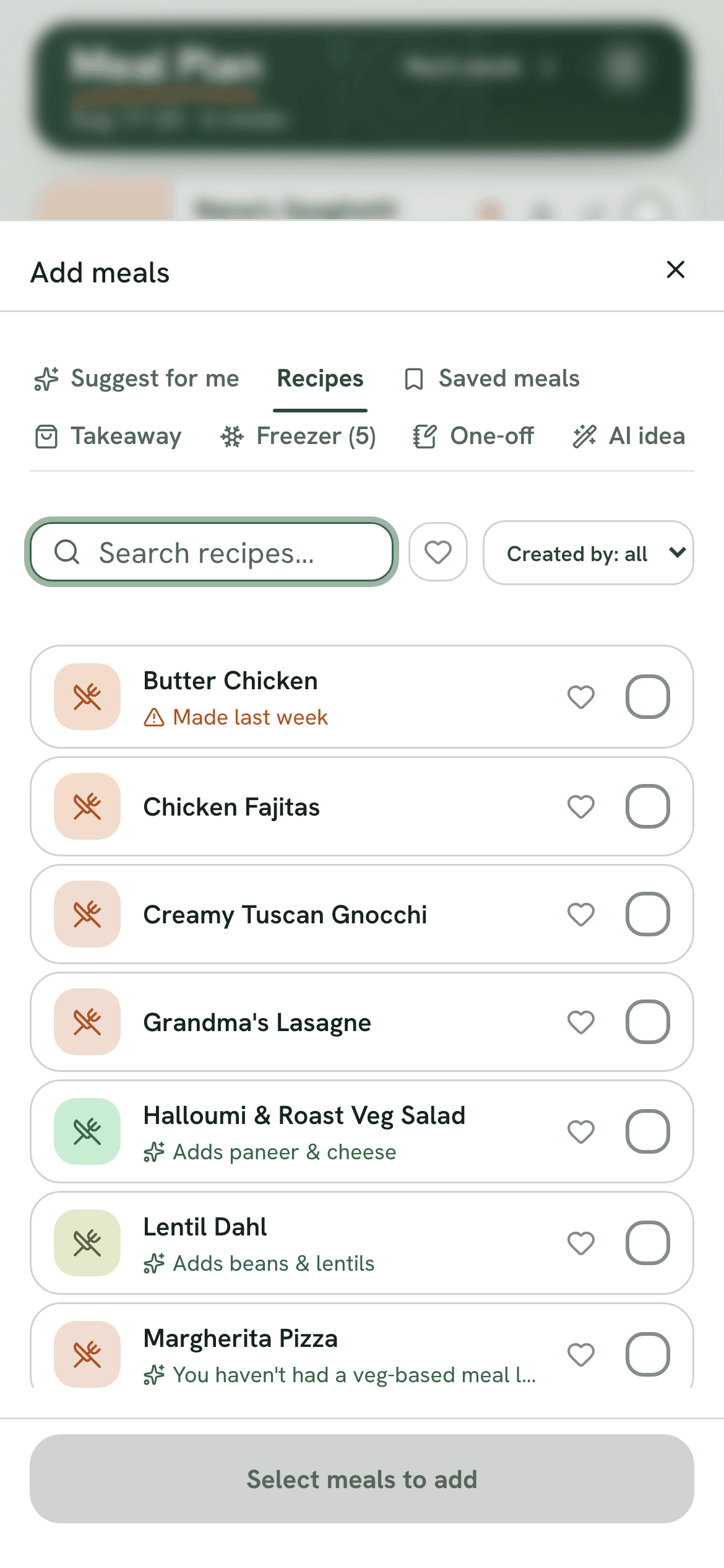 Adding meals to the week by picking recipes from a list